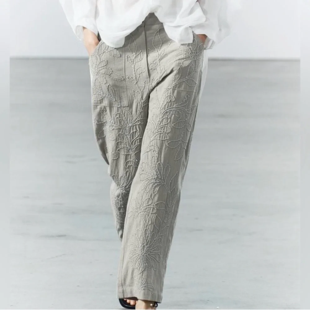 Embroidered Light Gray Linen-Blend Wide Leg Pants
